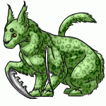 A green catlike creature that has two scythes sticking out of its front shoulders.