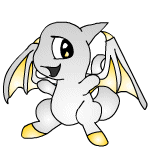 A Shoyru Neopet that is silver with gold on the inside of its wings and the tips of its feet.
