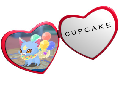 An open heart shaped locket that has a blue dog-like creature with star designs with four balloons attached to its back on the left and the word C U P C A K E written on the right.