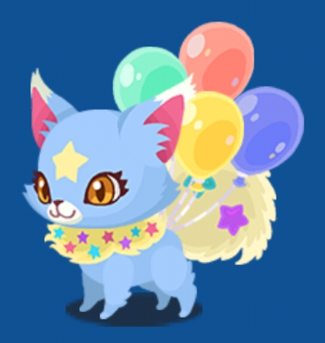 A blue dog-like creature with star designs with four balloons attached to its back.
