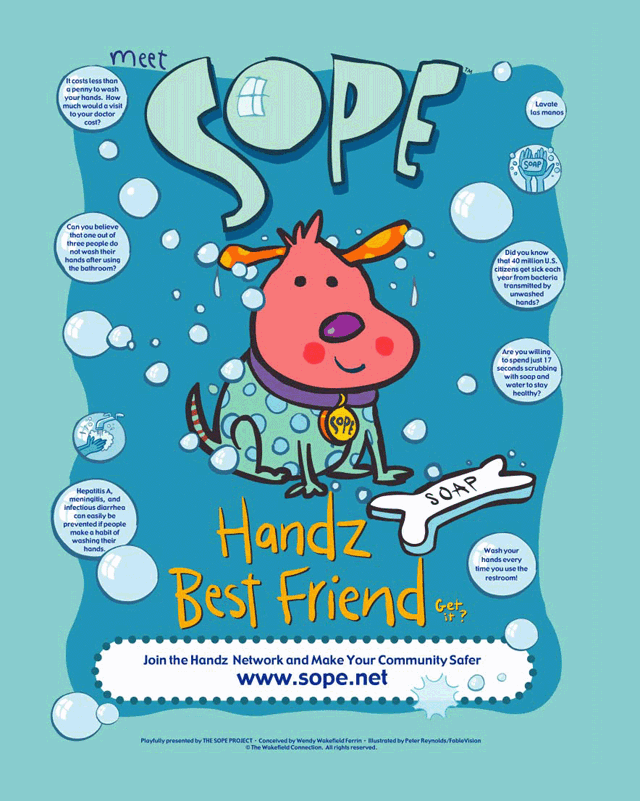A poster featuring a whimsical dog named Sope and various handwashing facts.
