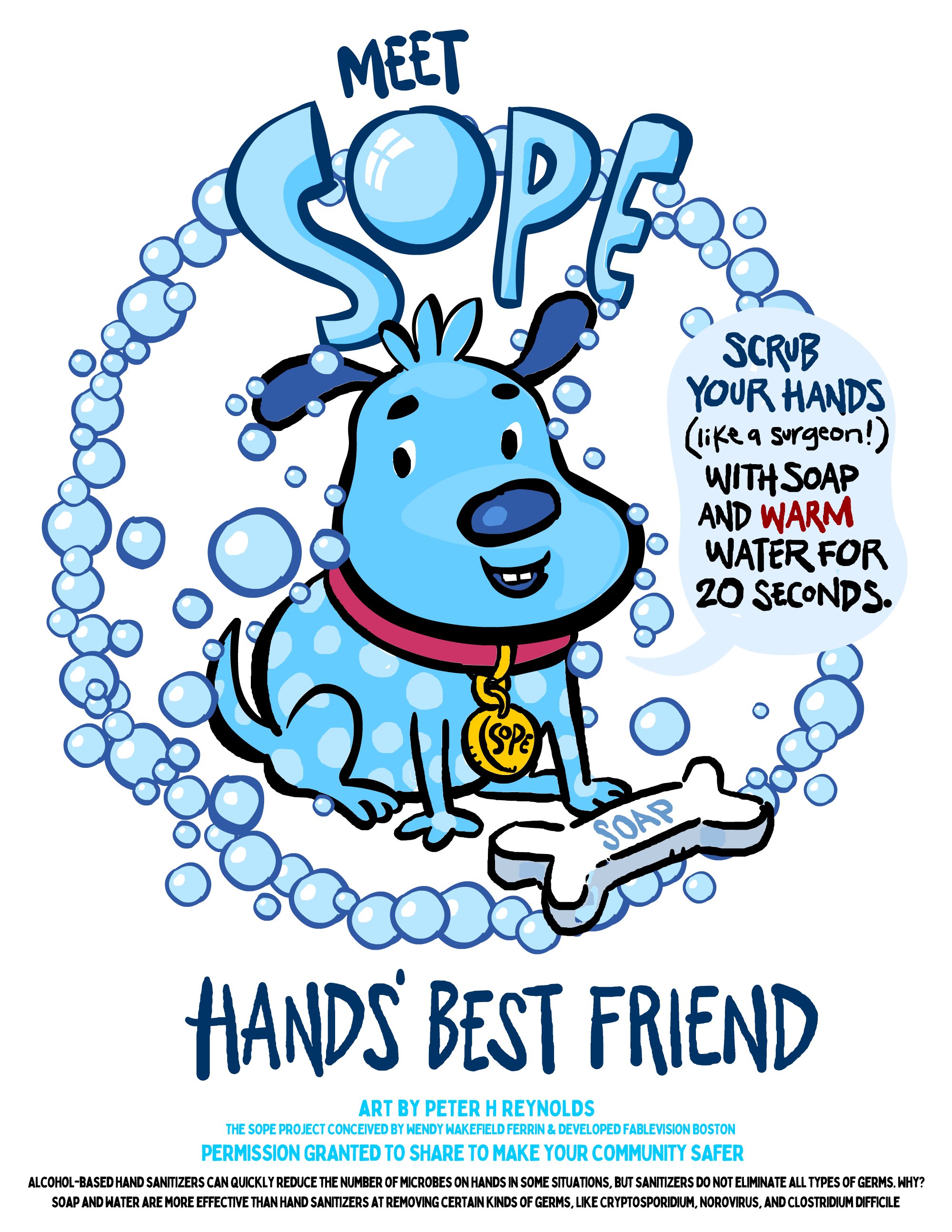 A poster featuring a whimsical dog named Sope and encouraging people to wash their hands.