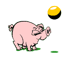 A cartoon pig playing with a ball