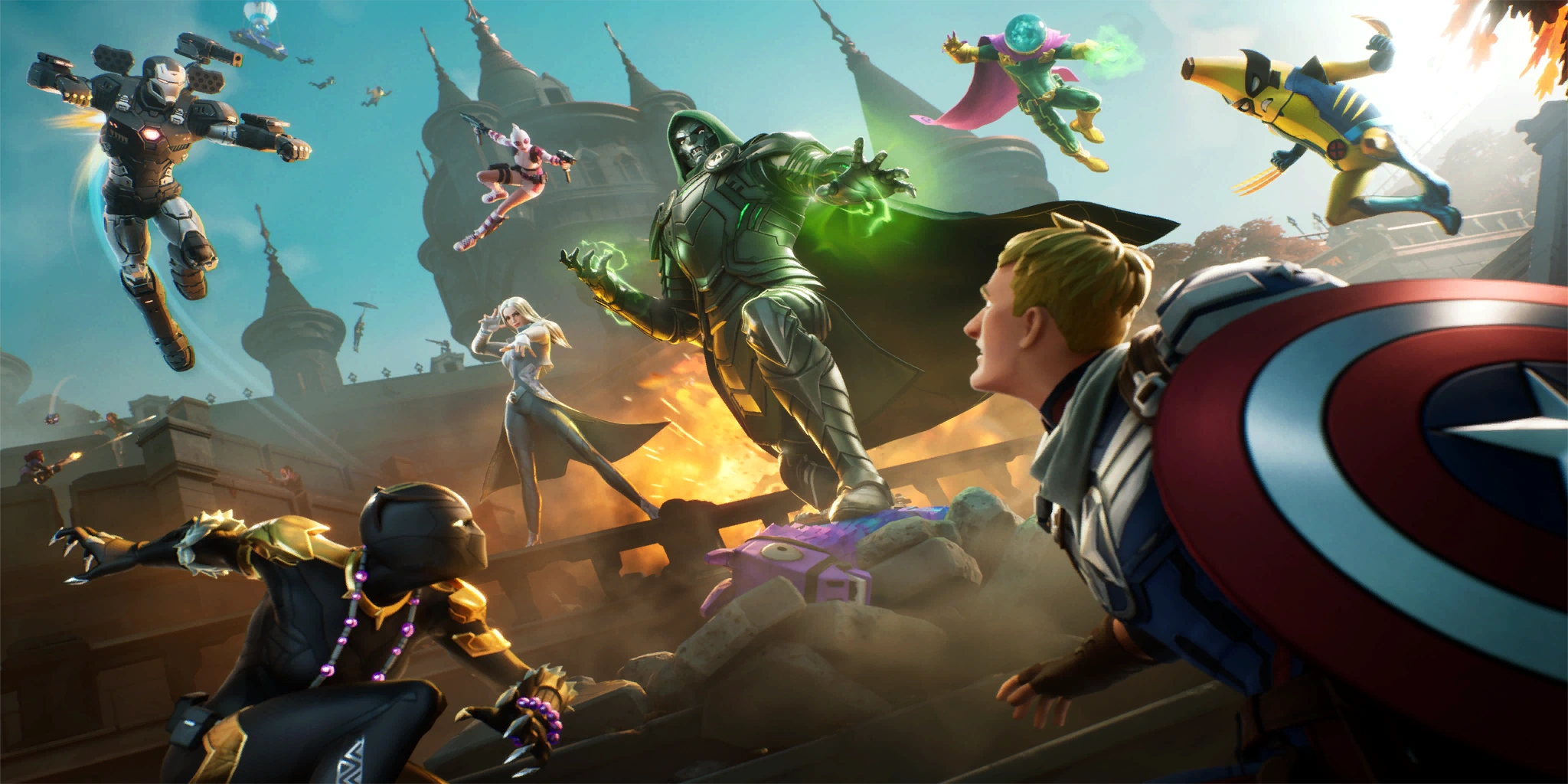 A loading screen showing Fortnite and Marvel characters fighting Doctor Doom, including Captain Jones