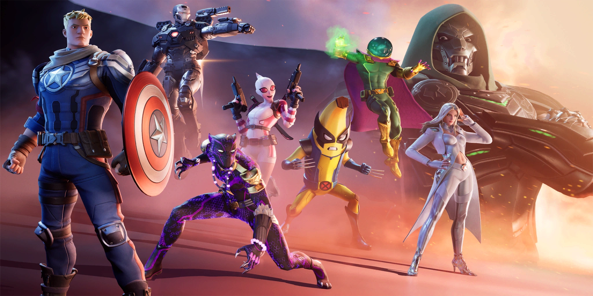 A loading screen showing Fortnite and Marvel characters preparing to fight Doctor Doom, including Captain Jones