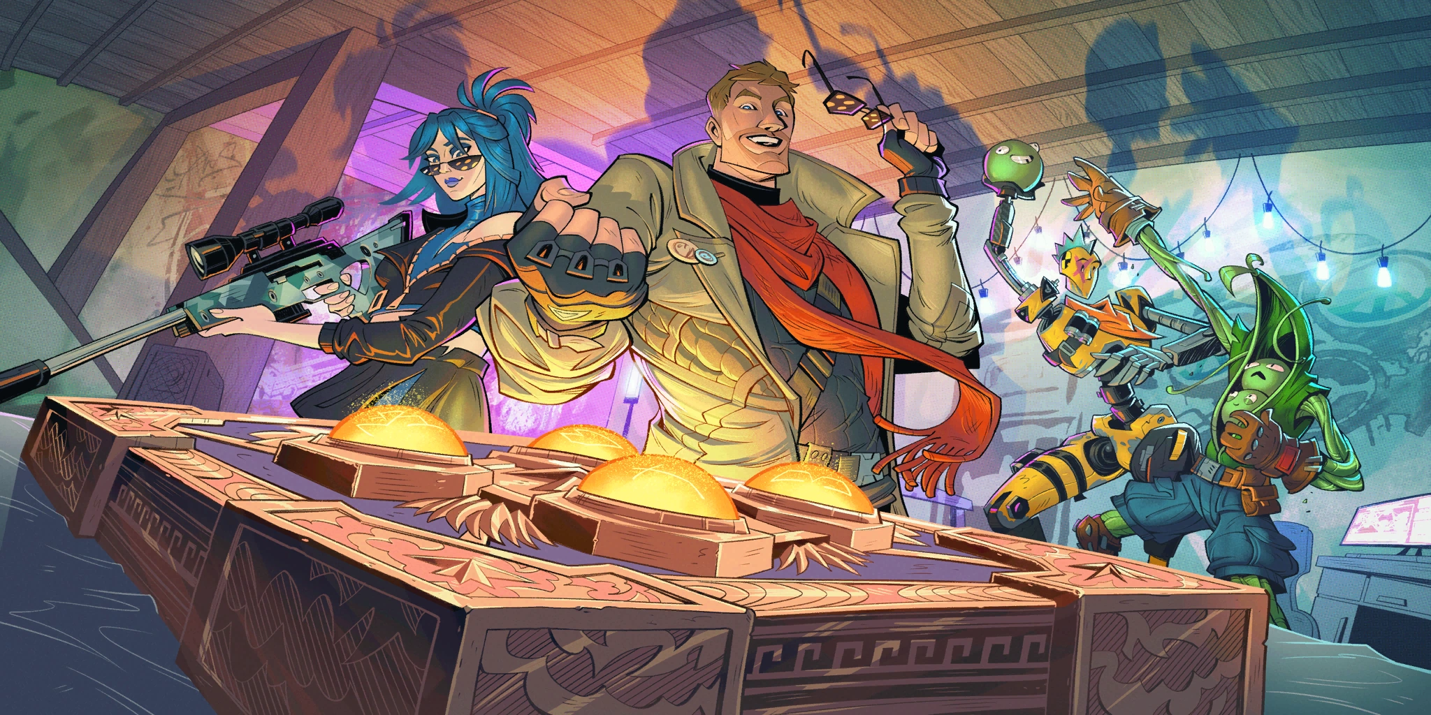 A loading screen with Vengeance Jones and Hope placing round gems in a square stone tablet.