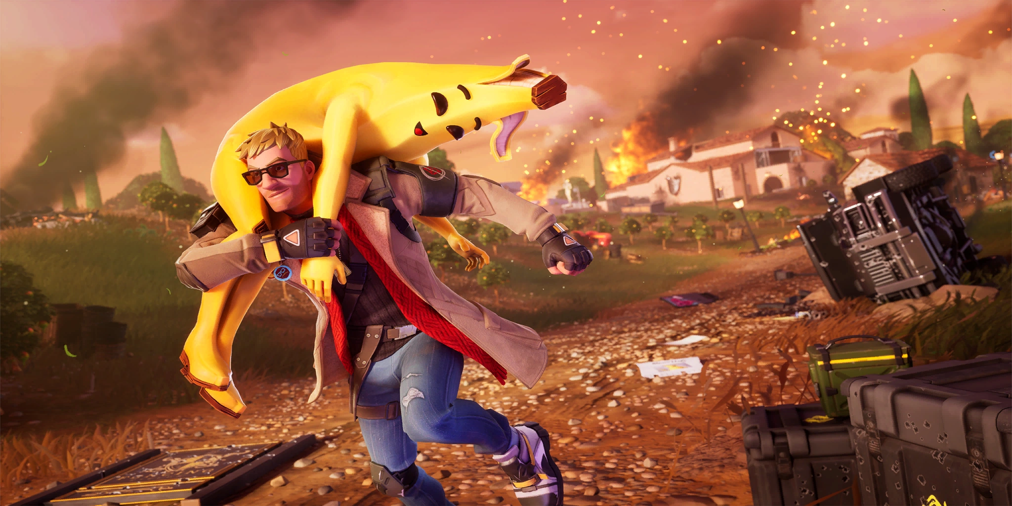 A loading screen with Vengeance Jones carrying Peely to safety.