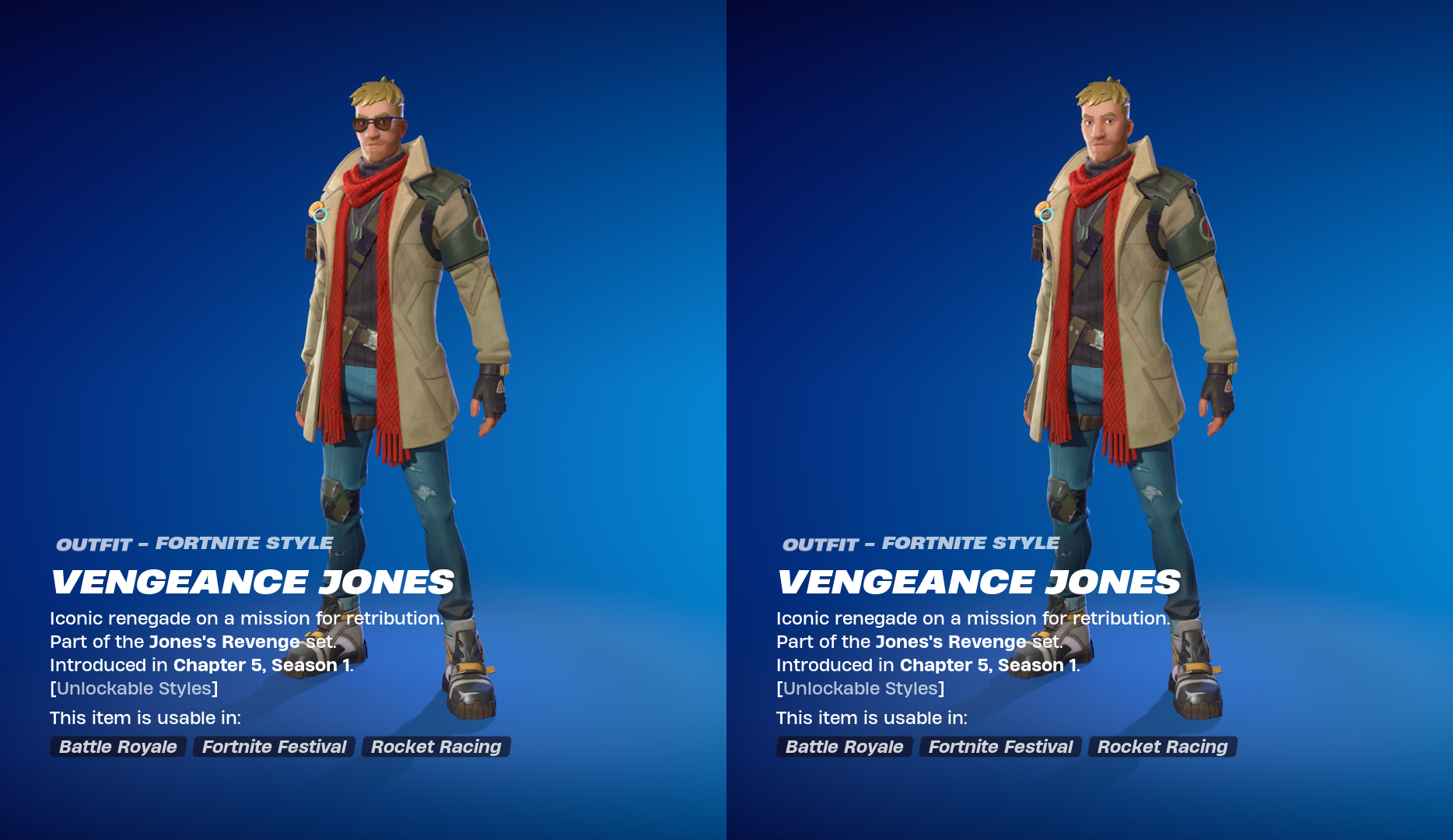 Vengance Jones Fortnite skin with and without sunglasses.