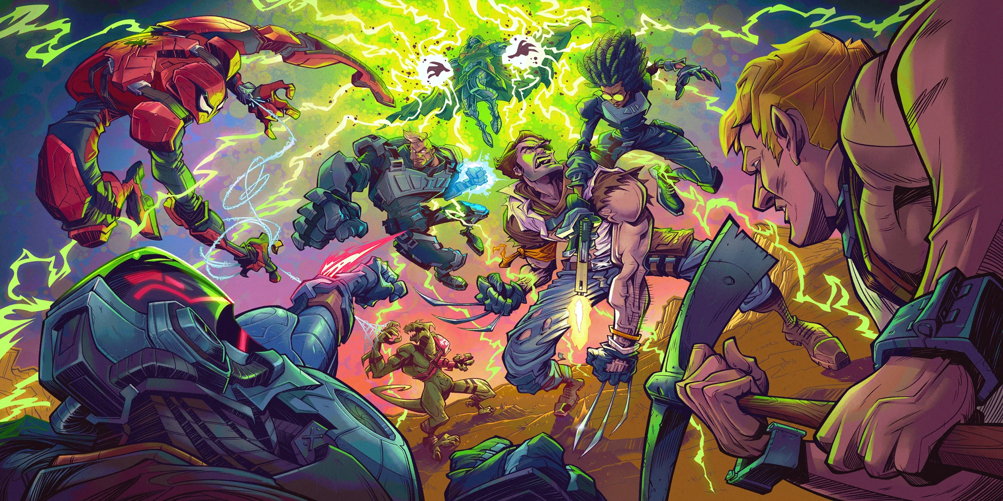 A loading screen with various Fortnite and Marvel characters fighting, including Jones Unchained.