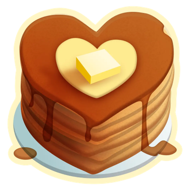 A cartoony stack of pancakes in the shape of a heart.